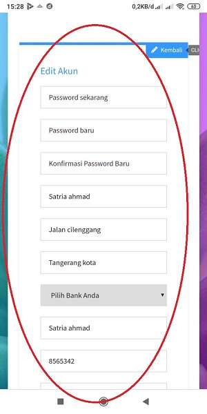 tampilan jika ingin edit profile